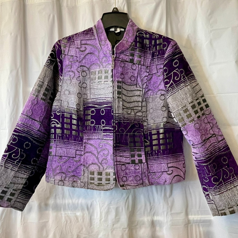 Dressbarn Tapestry Jacket Women Sz PL Zip Front Patchwork Boho Blazer Vtg Chic